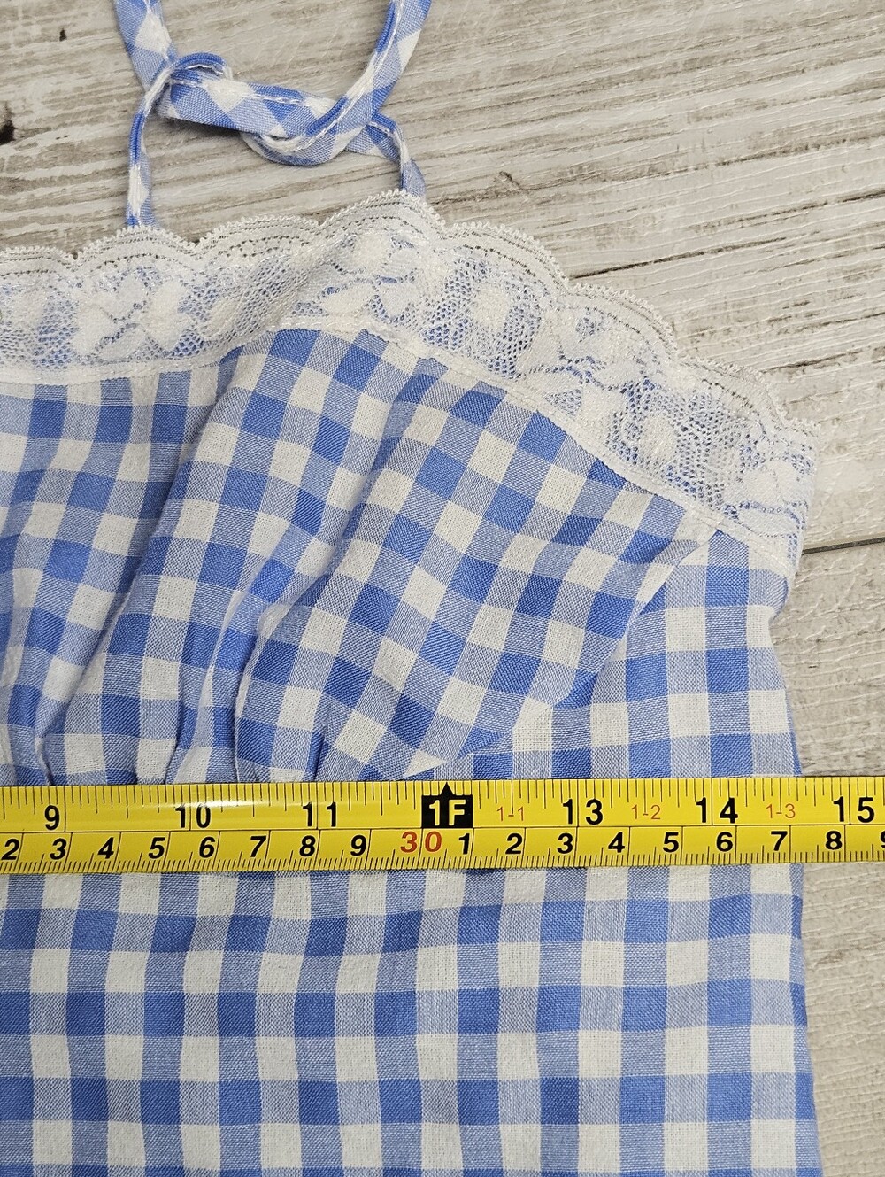 Y2K Blue Gingham Lace Trim Tie Strap Cami Top Rose Detail Size S Cottagecore - Picture 5 of 10